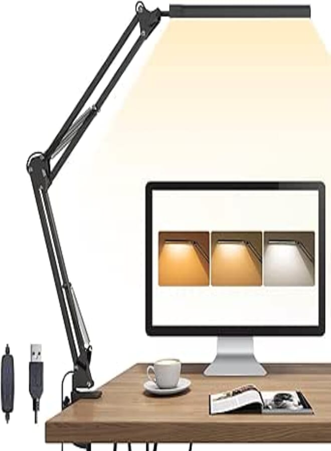 Necomi LED Desk Lamp, Swing arm Desk Light with clamp, 3 Lighting 10 Brightness Eye-Caring Modes, Reading Desk Lamps for Home Office 360 Degree Spin with Memory Function 12W-Black